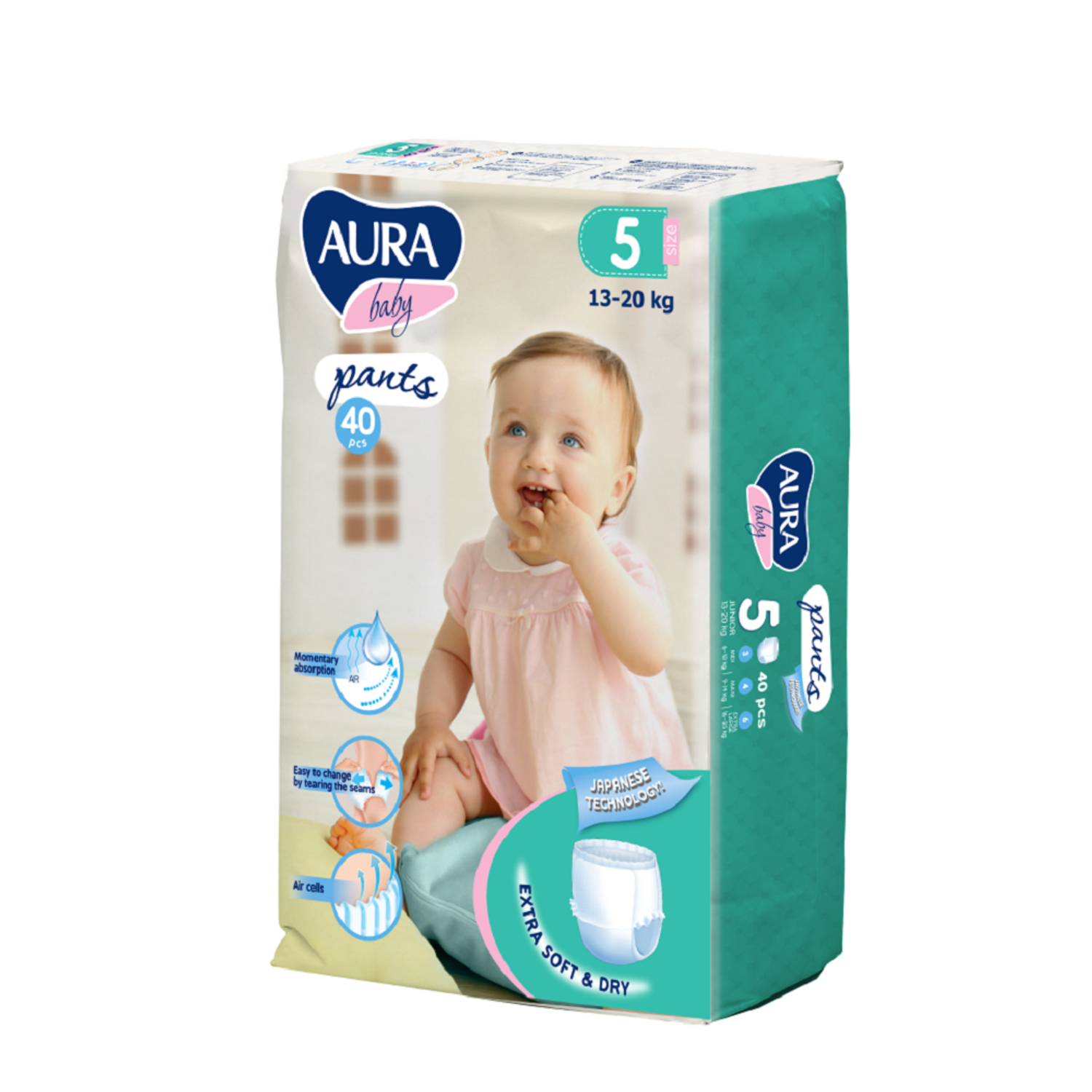 Подгузники-трусики AURA BABY одноразовые для детей 5/XL 13-20 кг jambo-pack 40шт - фото 1