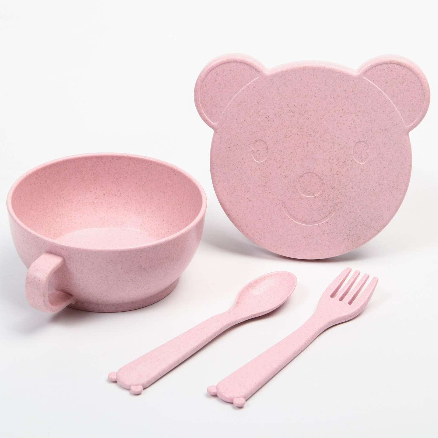 Набор посуды Little Angel детской ЭКО: Миска с крышкой. ложка и вилка. цвет розовый - фото 1