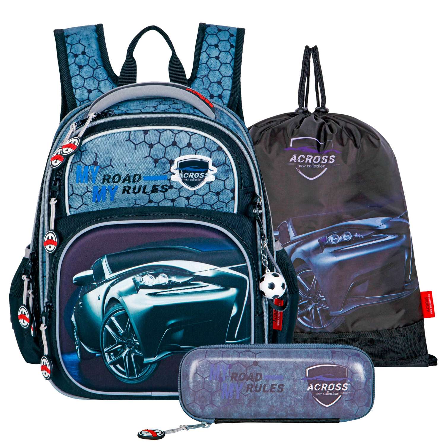 Рюкзак школьный ACROSS с наполнением: каркасный пенал мешочек для обуви и брелок - фото 1