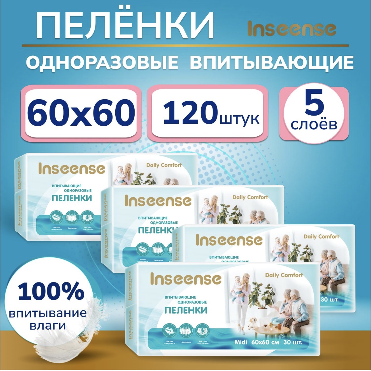 Пеленки одноразовые детские INSEENSE супервпитывающие Daily comfort 60х60 см 4 упаковки по 30 шт - фото 1