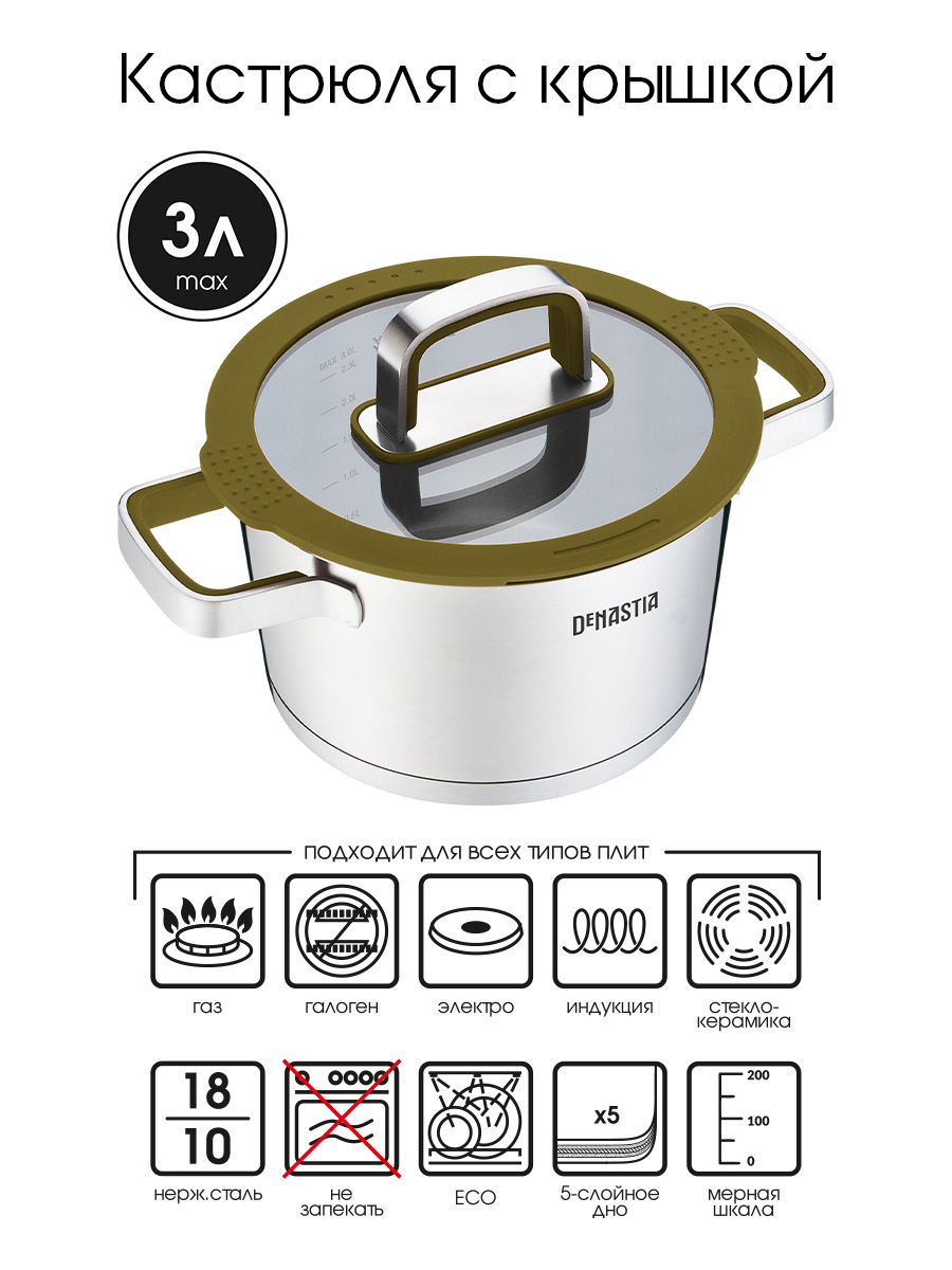 Кастрюля с крышкой DeNASTIA 3 л нержавеющая сталь силикон оливковый CA00031 - фото 3
