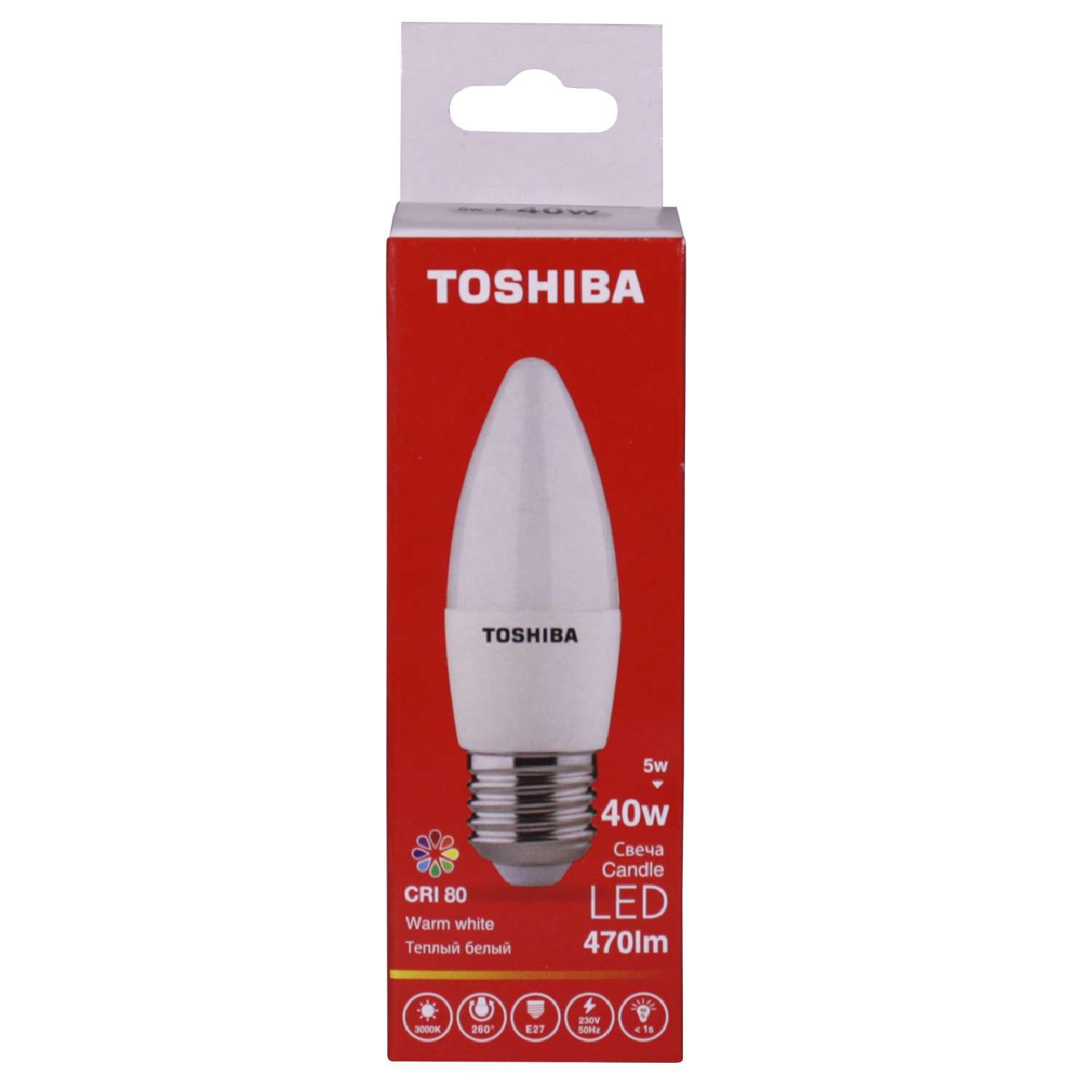 Лампа светодиодная Toshiba 5 Вт Е27 40W свеча C35 3000 K теплый свет 220В матовая - фото 1