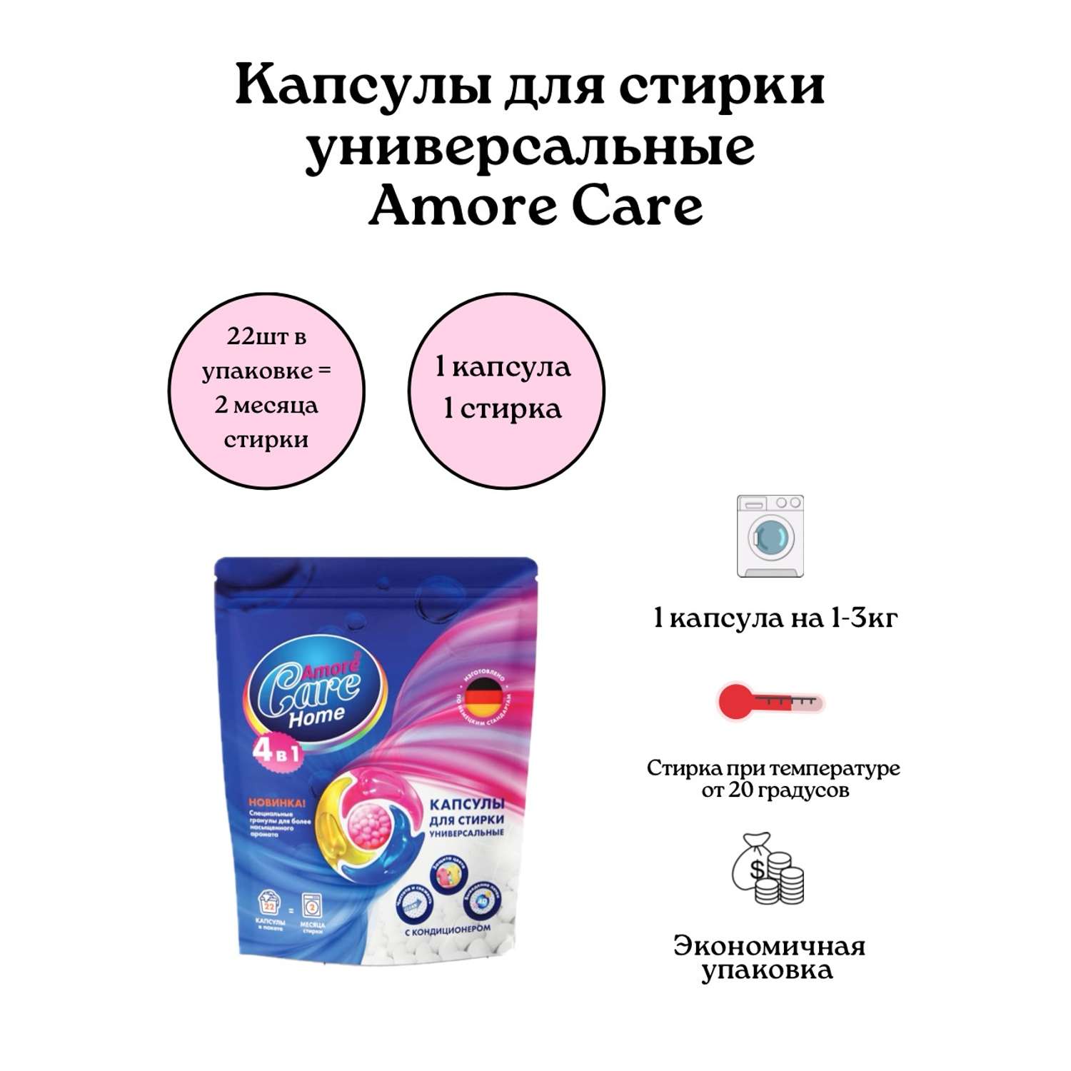 Капсулы для стирки Amore Care Home Универсальные 22шт 220г - фото 3