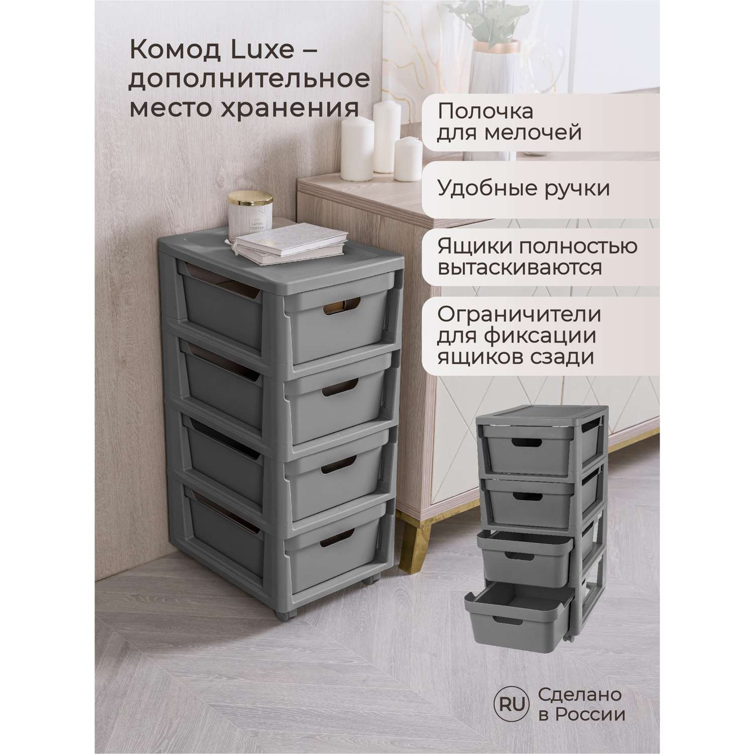 Комод на колесах Econova Luxe 4 ящика 300х385х690 мм серый - фото 6