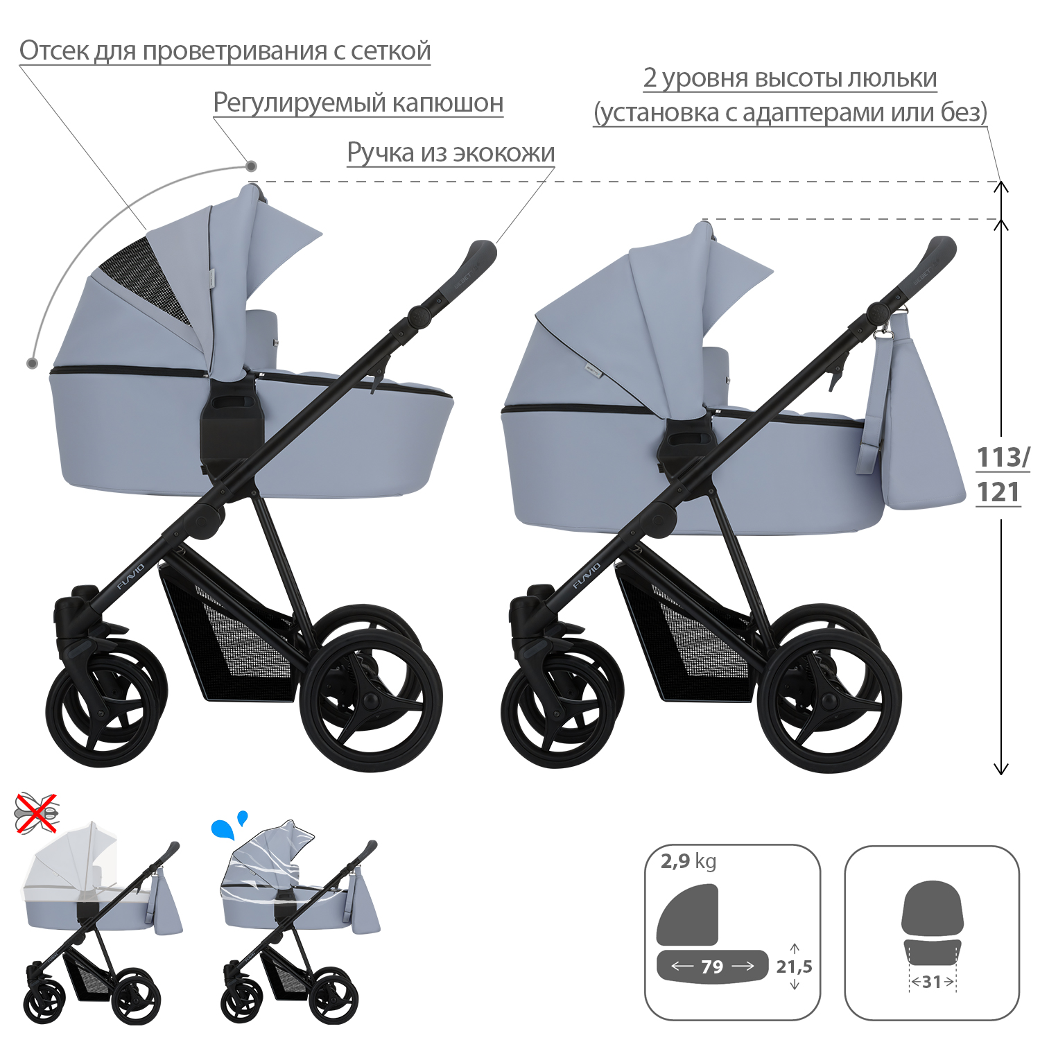 Коляска 2в1 Bebetto Flavio Pro 04 шасси Черное Bebetto Flavio Pro 04 шасси Черное - фото 2