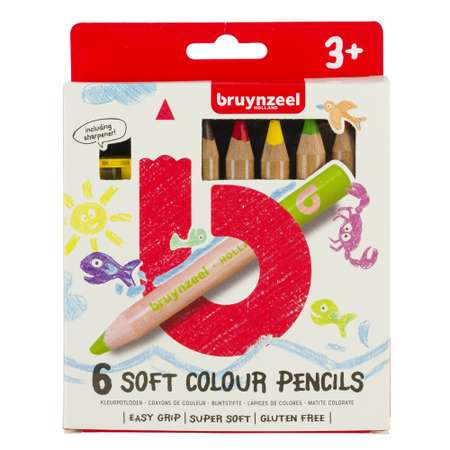 Набор утолщенных BRUYNZEEL цветных восковых карандашей Kids Soft 6 цветов и точилка в картонной упаковке