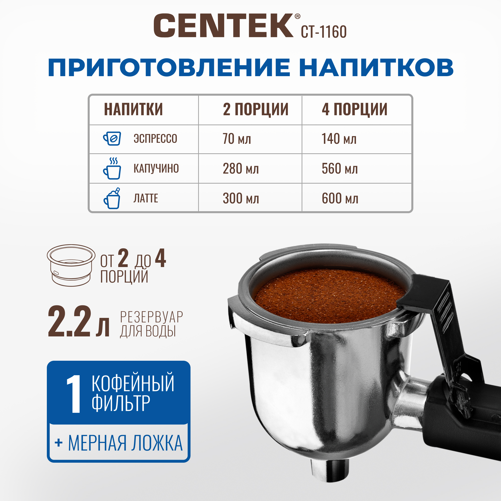 Кофеварка CENTEK CT-1160 черный/сталь. Эспрессо капучинатор 800Вт 240мл. 3.5 Бар - фото 3