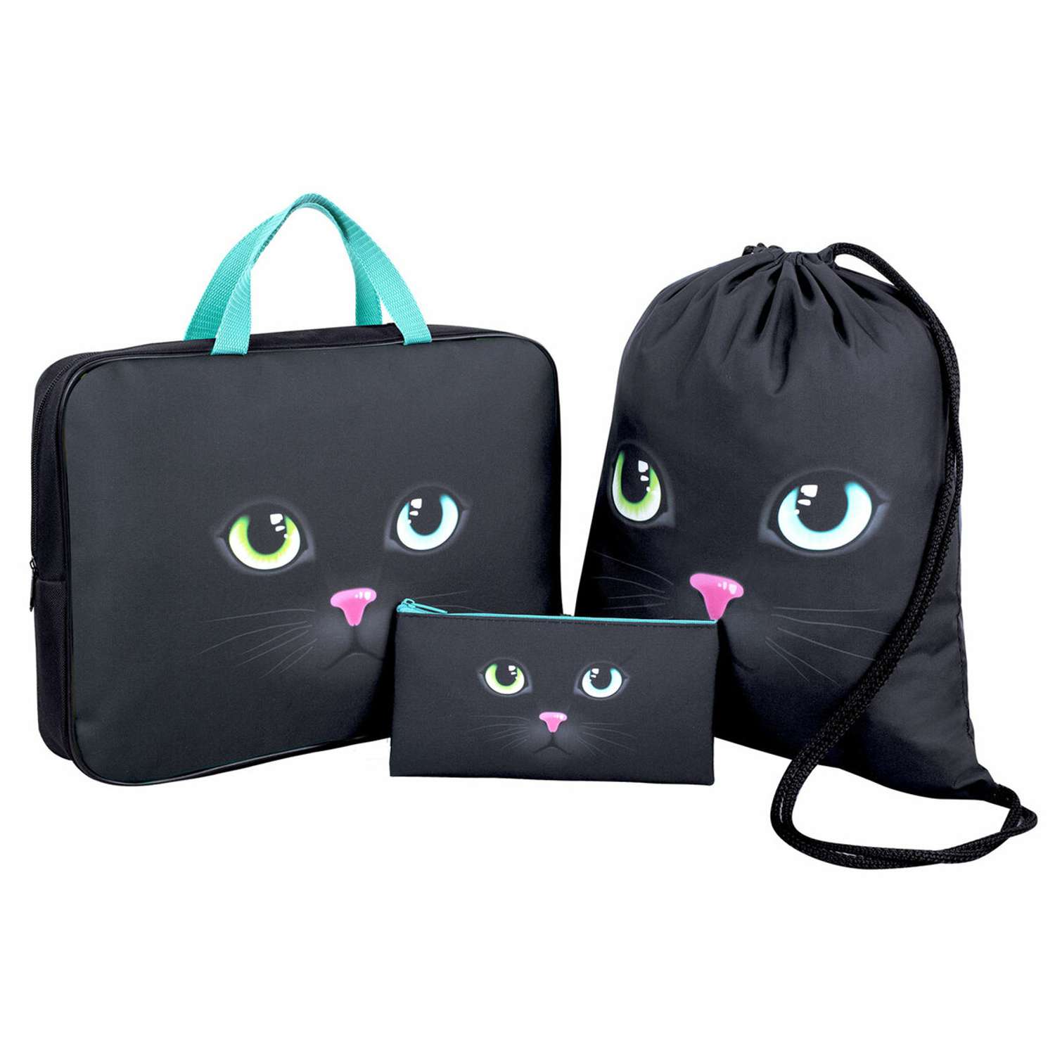 Набор школьника Brauberg для девочки и мальчика папка с ручками А4 мешок для обуви и пенал-косметичка Black cat - фото 1