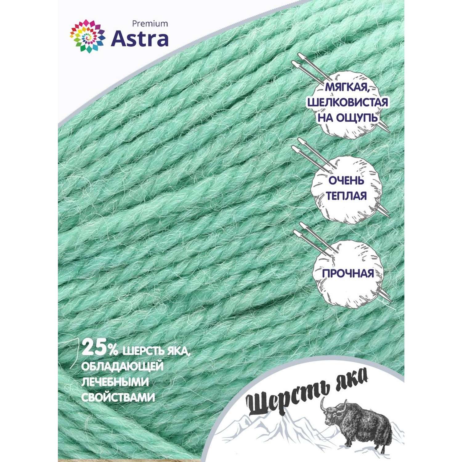 Пряжа Astra Premium Шерсть яка Yak wool теплая мягкая 100 г 120 м 02 мятный 2 мотка - фото 2