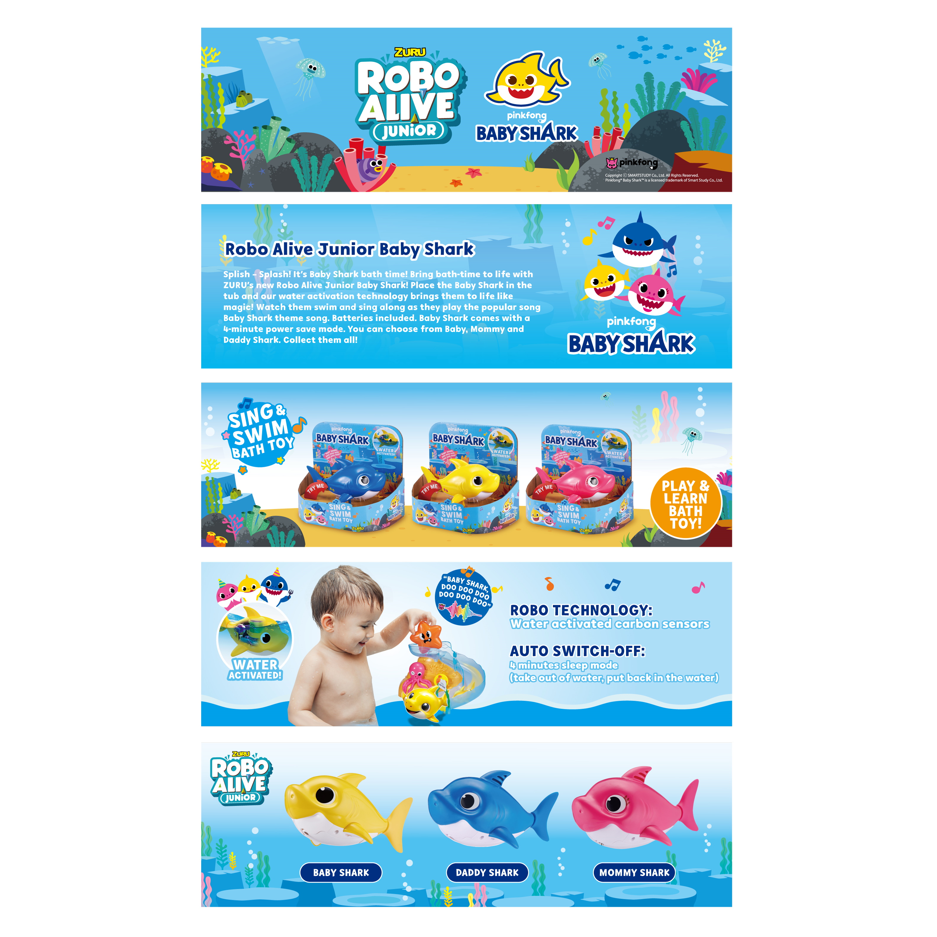 Игрушка для ванной ROBO ALIVE JUNIOR Baby Shark Желтая 25282A - фото 8