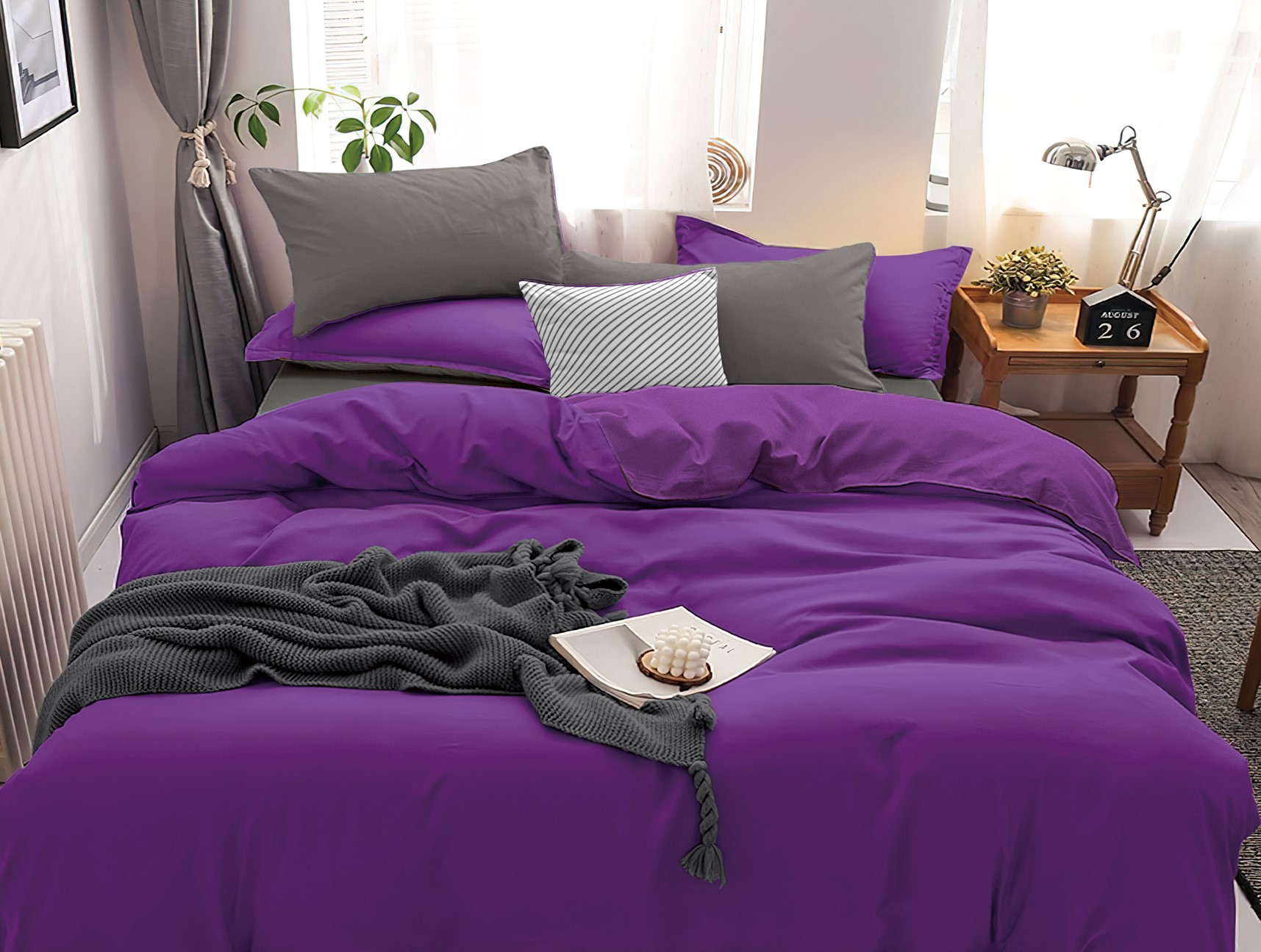 Комплект постельного белья PAVLine Манетти полисатин Евро фиолетовый/серый S26 - фото 1