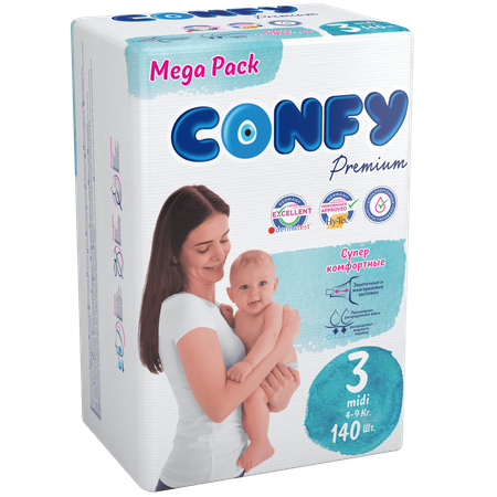 Подгузники детские CONFY Premium Midi размер 3 4-9 кг Mega упаковка 140 шт CONFY