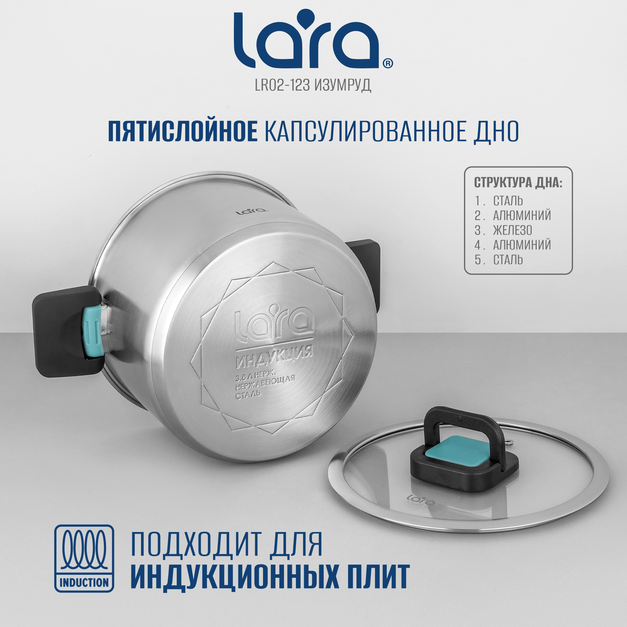 Кастрюля LARA LR02-123 серия Изумруд 3 предмета 2 л. 3.8 л. 6.4 л. - фото 8