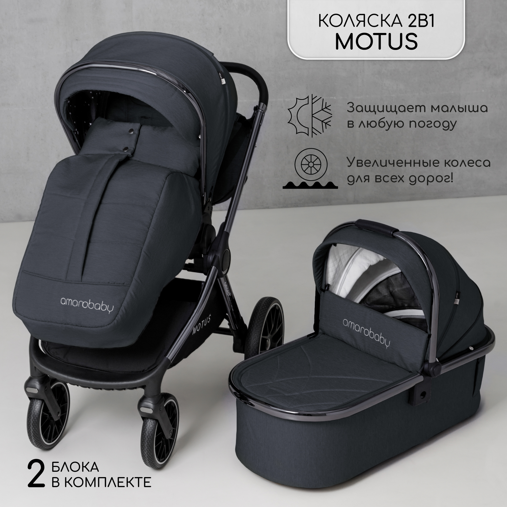 Коляска детская 2 в 1 Amarobaby Motus серый - фото 2