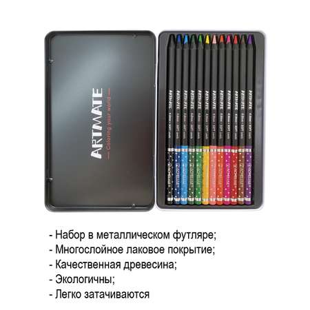 Карандаши цветные ACMELIAE Blackwood Artmate 12 цветов в металлическом футляре