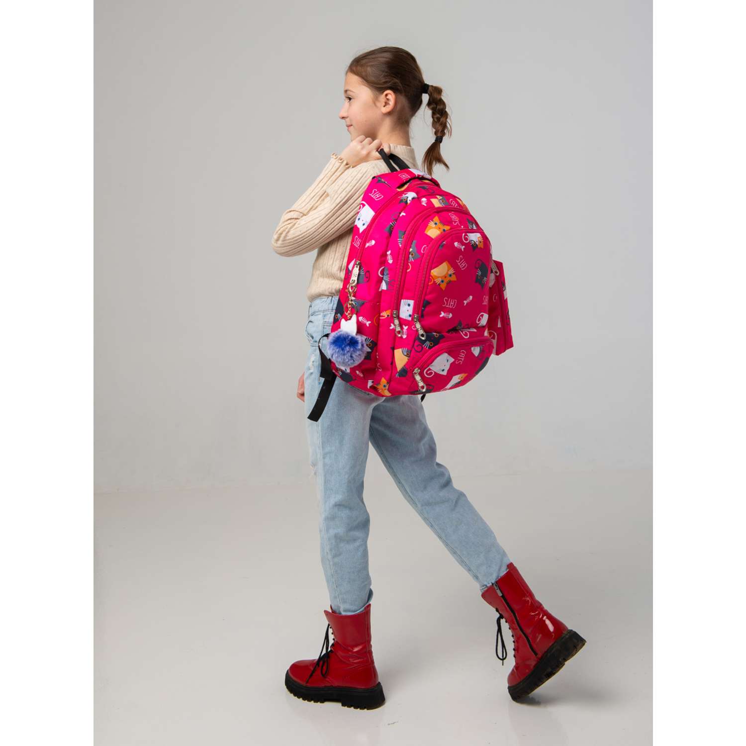 Рюкзак с брелоком киска O GO для девочки с кошкой и пеналом - фото 10