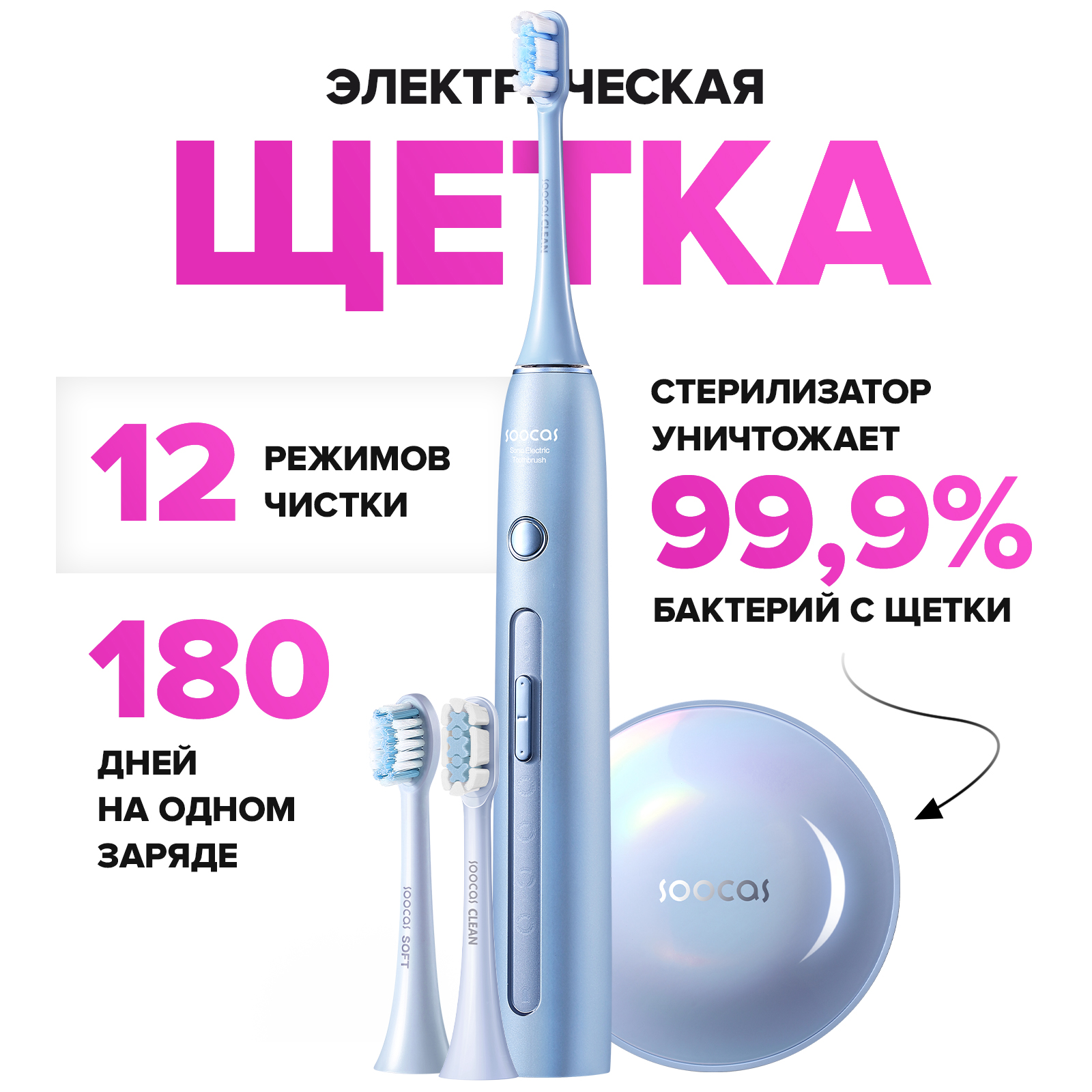 Электрическая зубная щетка Soocas X3 Pro Global. Со стерилизатором. 2 насадки. Звуковая. 4 режима очистки. Голубой - фото 2