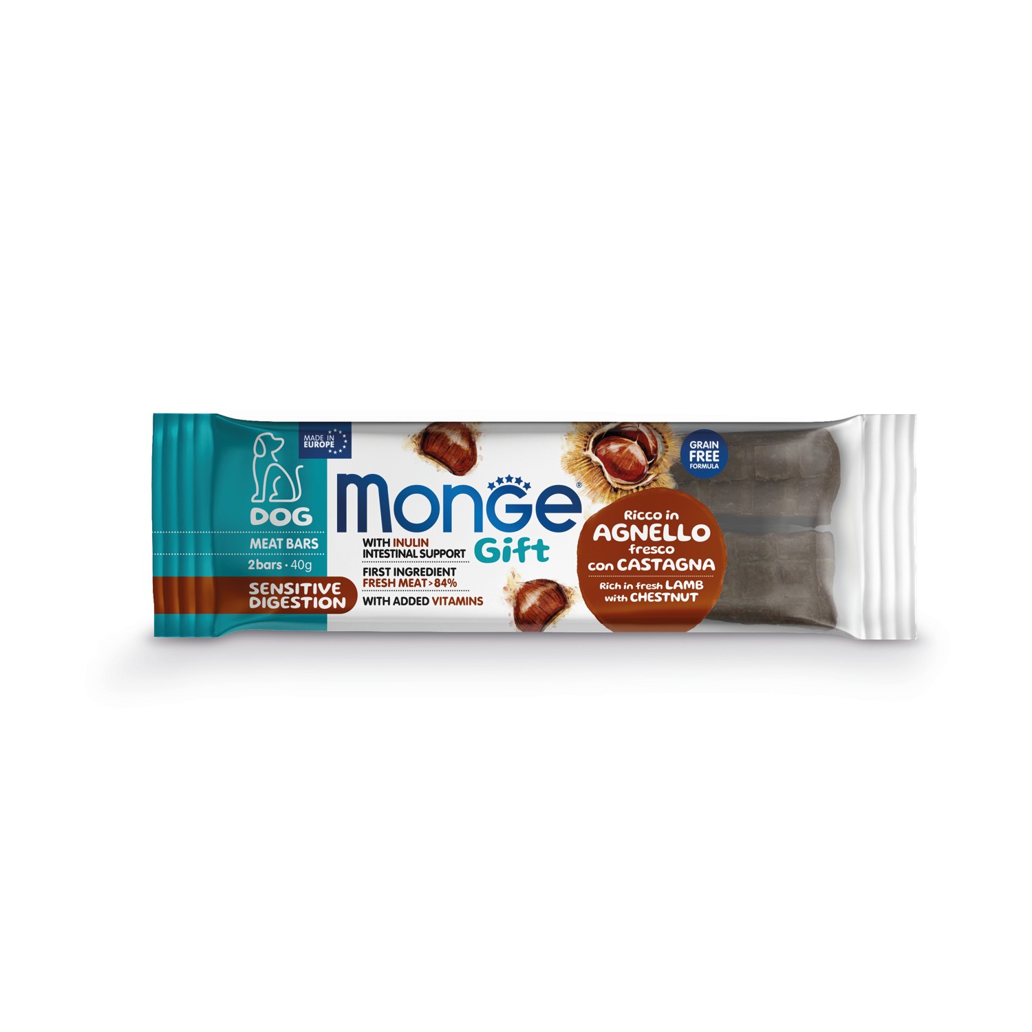 Лакомство для собак Monge Gift 40г Sensitive digestion Мясные батончики с ягненком каштаном и инулином - фото 2