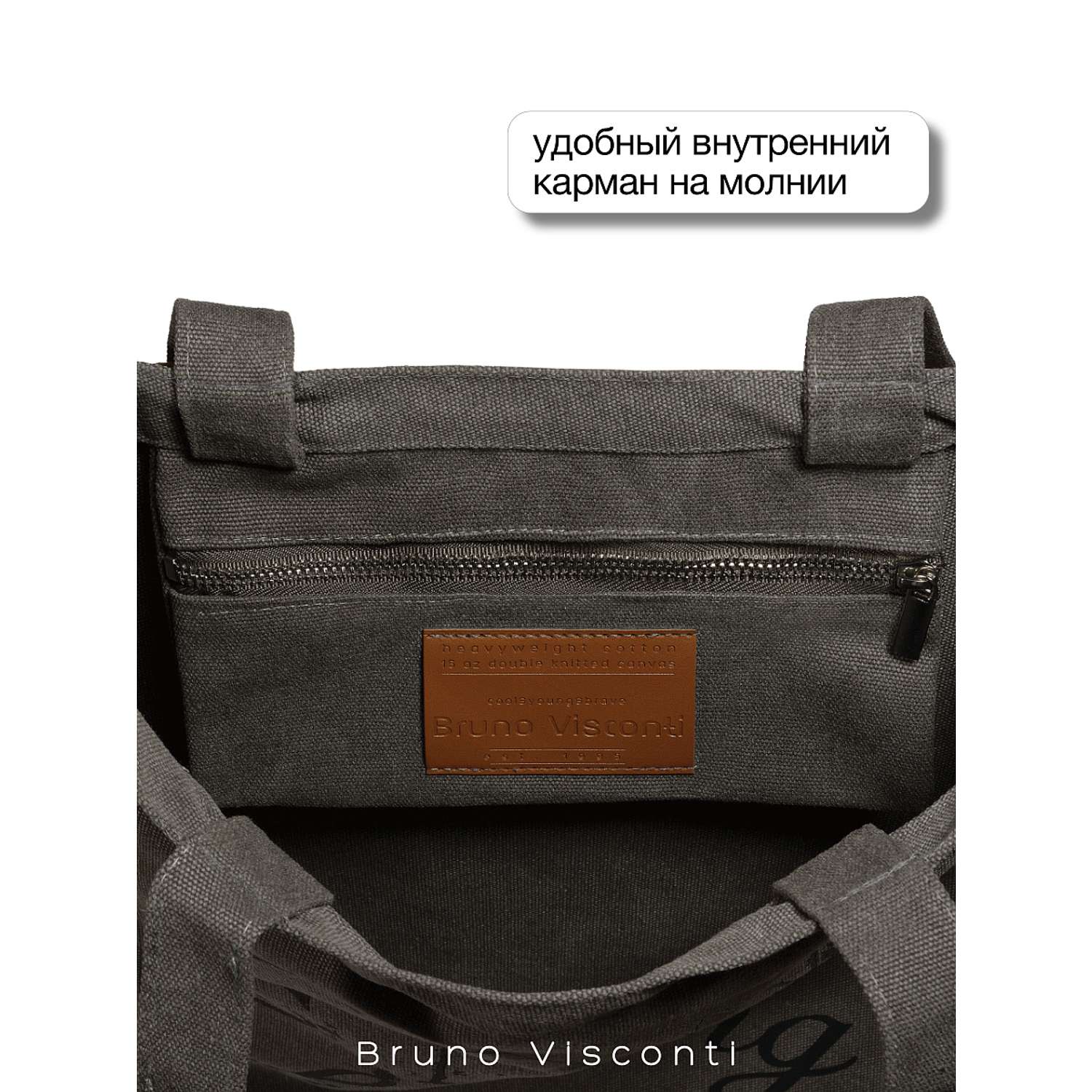 Сумка-шоппер Bruno Visconti Шопоголик серая 35х47 см с карманом - фото 7
