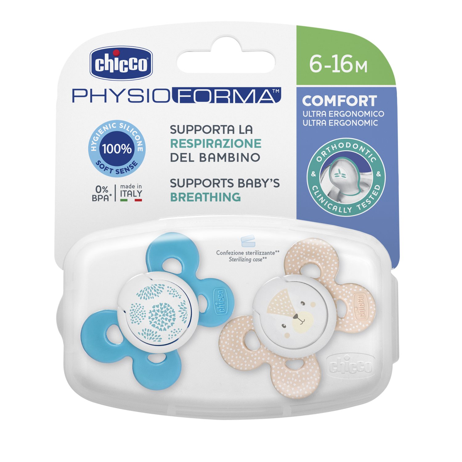 Пустышка CHICCO Physio Comfort 2шт 6-16м силикон Blue рисунок мишка одуванчики - фото 1