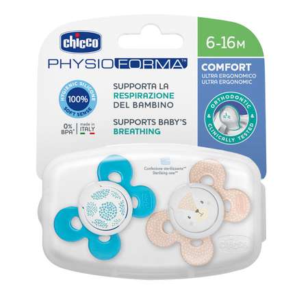 Пустышка CHICCO Physio Comfort 2шт 6-16м силикон Blue рисунок мишка одуванчики