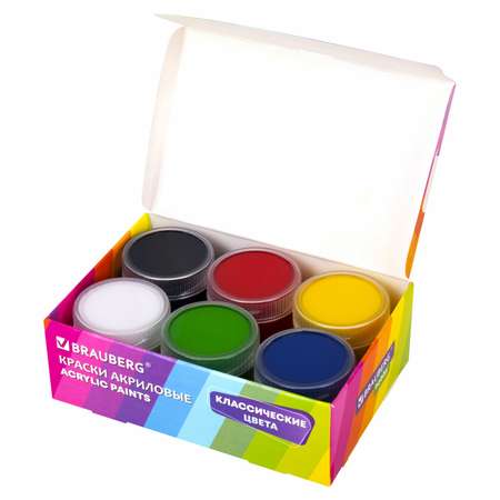 Краски акриловые Brauberg набор для рисования 6 цветов по 20 мл