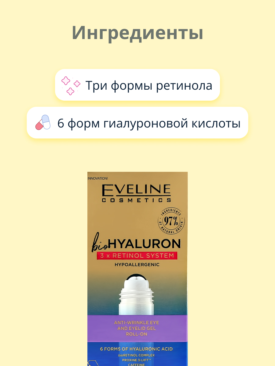 Гель для кожи вокруг глаз EVELINE роликовый с гиалуроновой кислотой и ретинолом 15 мл - фото 2