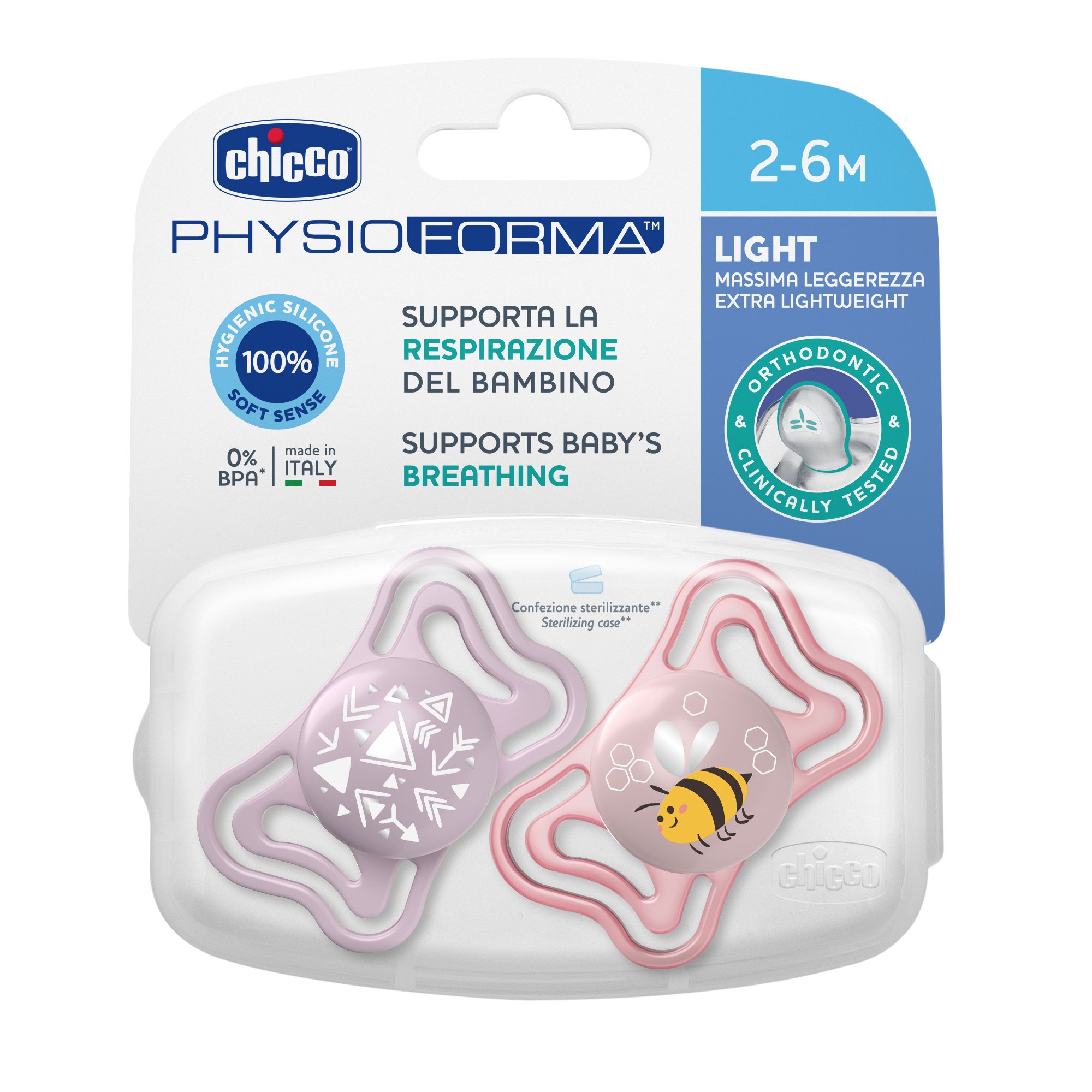 Пустышка CHICCO Physio Light 2шт 2-6мес силикон Pink рисунок пчелка стрелочки - фото 1