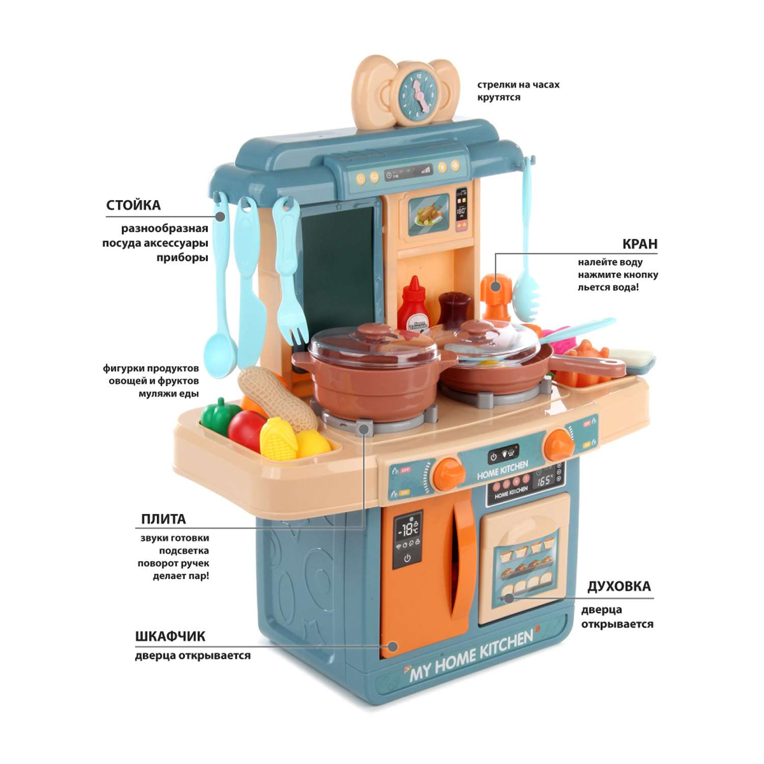 Детская кухня Veld Co Звуки свет вода часы плита духовка кухонная посуда игрушечные продукты 39 предметов - фото 2