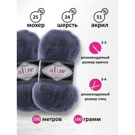 Пряжа Alize полушерстяная Mohair classic new 100 гр 200 м 5 мотков 411 джинс меланж