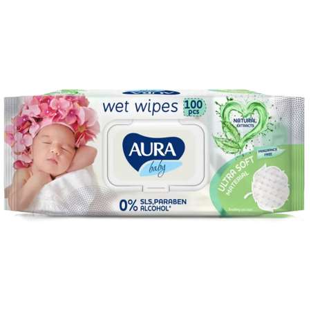 Влажные салфетки AURA Baby детские 0+ с алоэ big-pack с крышкой 100шт