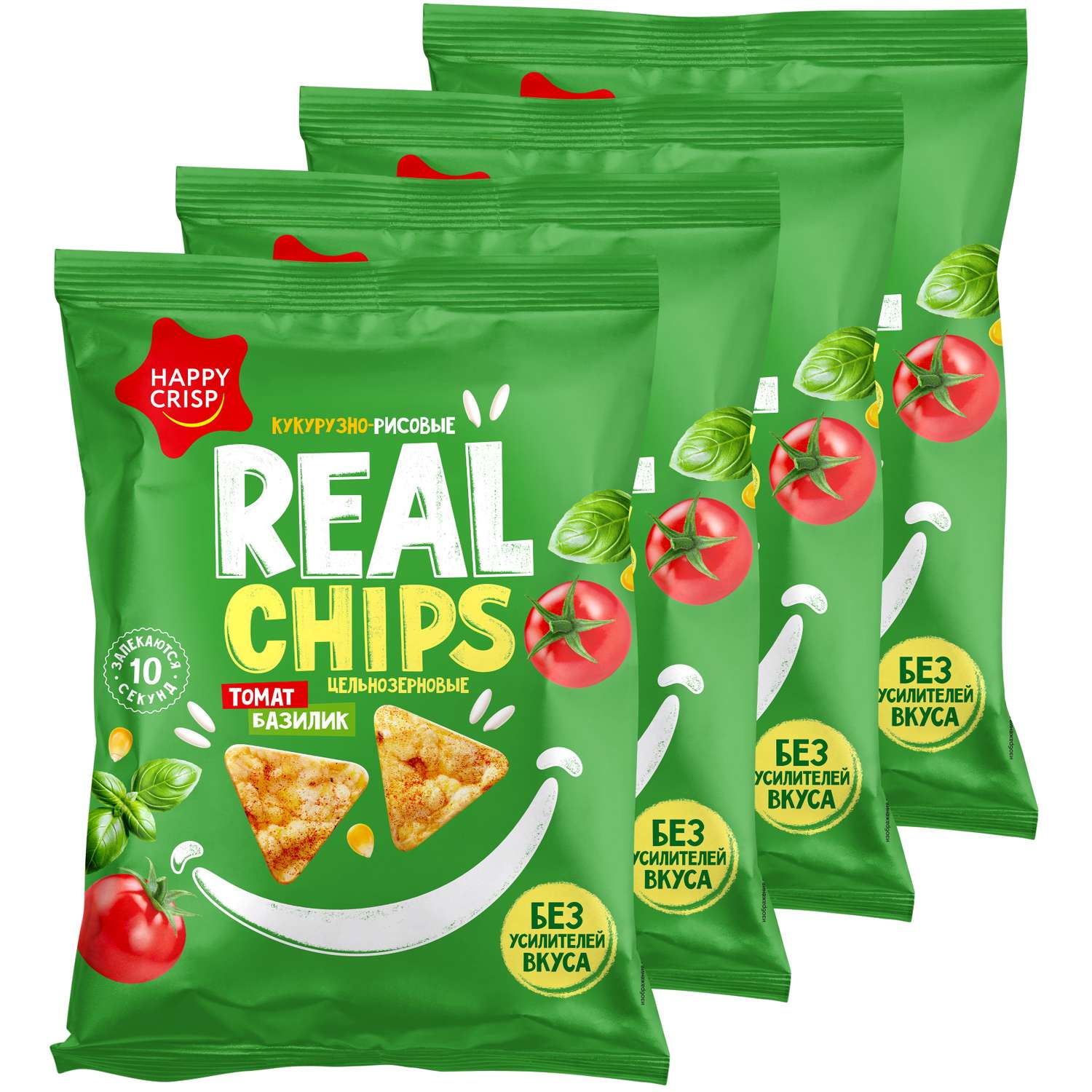 Чипсы цельнозерновые Happy Crisp кукурузно-рисовые Real Chips томат и базилик 4 шт по 50 г - фото 1