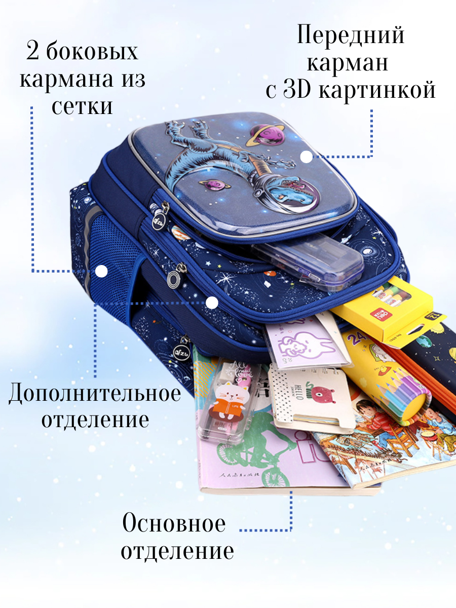 Рюкзак школьный APSIS junior для начальных классов с жесткой спинкой с 3D рисунком Динозавр в космосе - фото 4