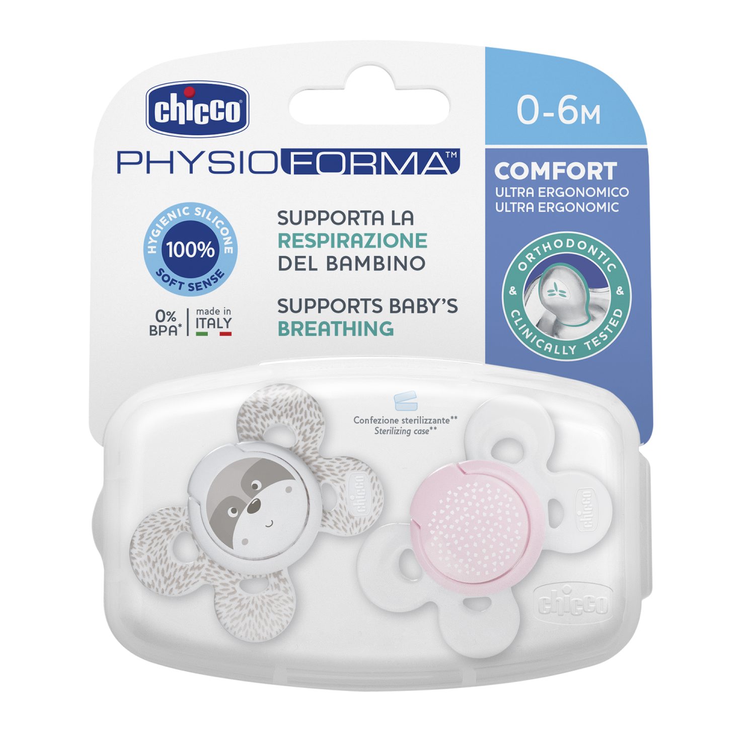 Пустышка CHICCO Physio Comfort 2шт 0-6мес силикон Pink рисунок енот горошек - фото 1