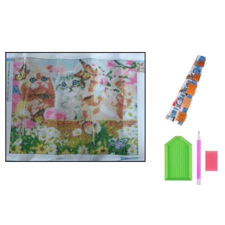 Алмазная мозаика Seichi Три котёнка в корзине с бабочками 30х40 см