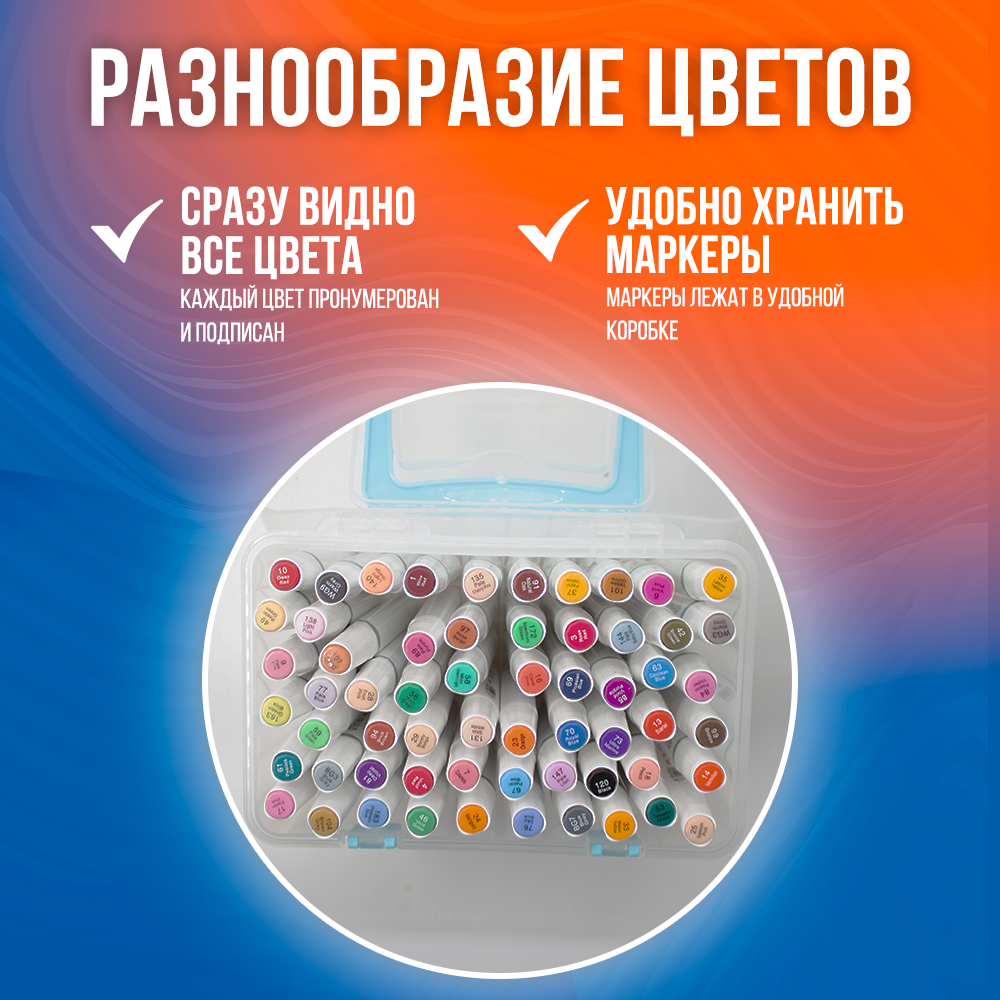 Набор маркеров для скетчинга Rich New двухсторонние в пластиковой коробке 60шт - фото 2