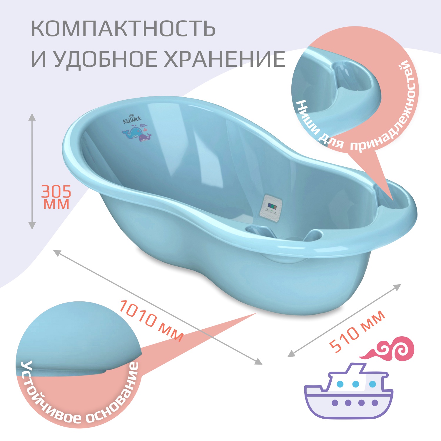 Ванночка для купания KidWick Шатл голубой с термометром - фото 7
