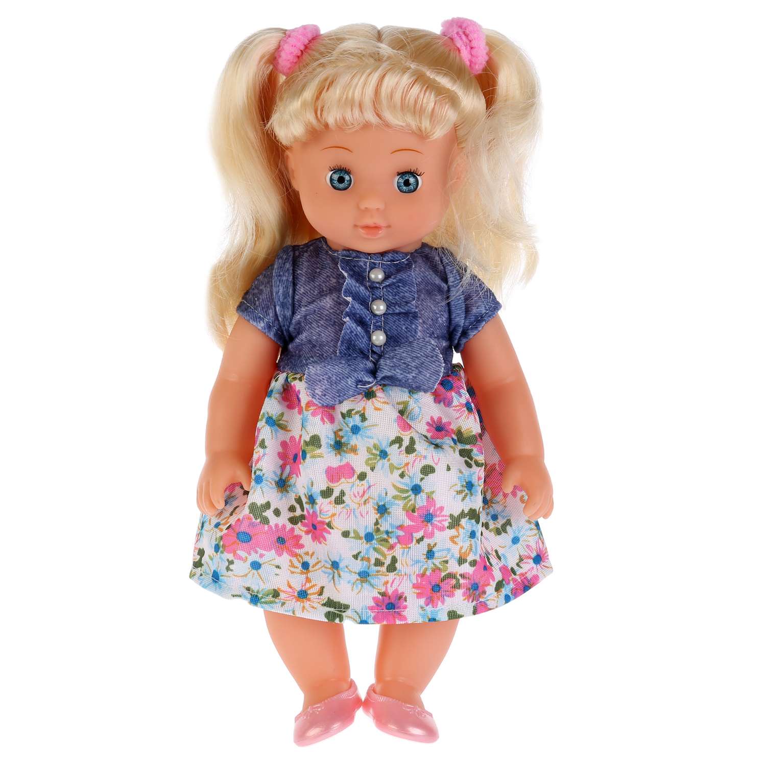 Кукла Карапуз интерактивная в сине-белом платье в розовый цветочек 214793 214793 - фото 1