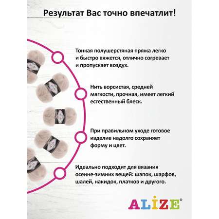 Пряжа Alize полушерстяная Mohair classic new 100 гр 200 м 5 мотков 67 молочно-бежевый