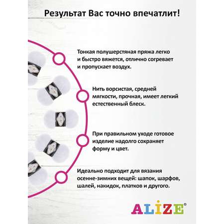 Пряжа Alize полушерстяная Mohair classic new 100 гр 200 м 5 мотков 55 белый