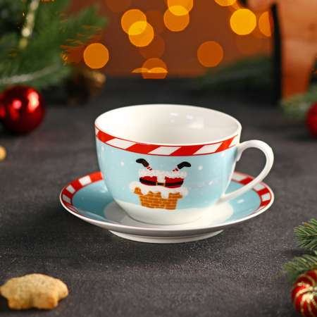 Чайная пара Доляна фарфоровая «Новый год. Дед Мороз» 2 предмета: чашка 250 мл блюдце d=14 см