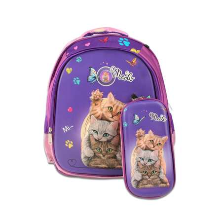 Рюкзак школьный с пеналом Little Mania Котята фиолетовый