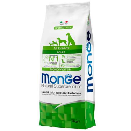 Корм для собак MONGE Dog Monoprotein всех пород кролик с рисом и картофелем сухой 12кг