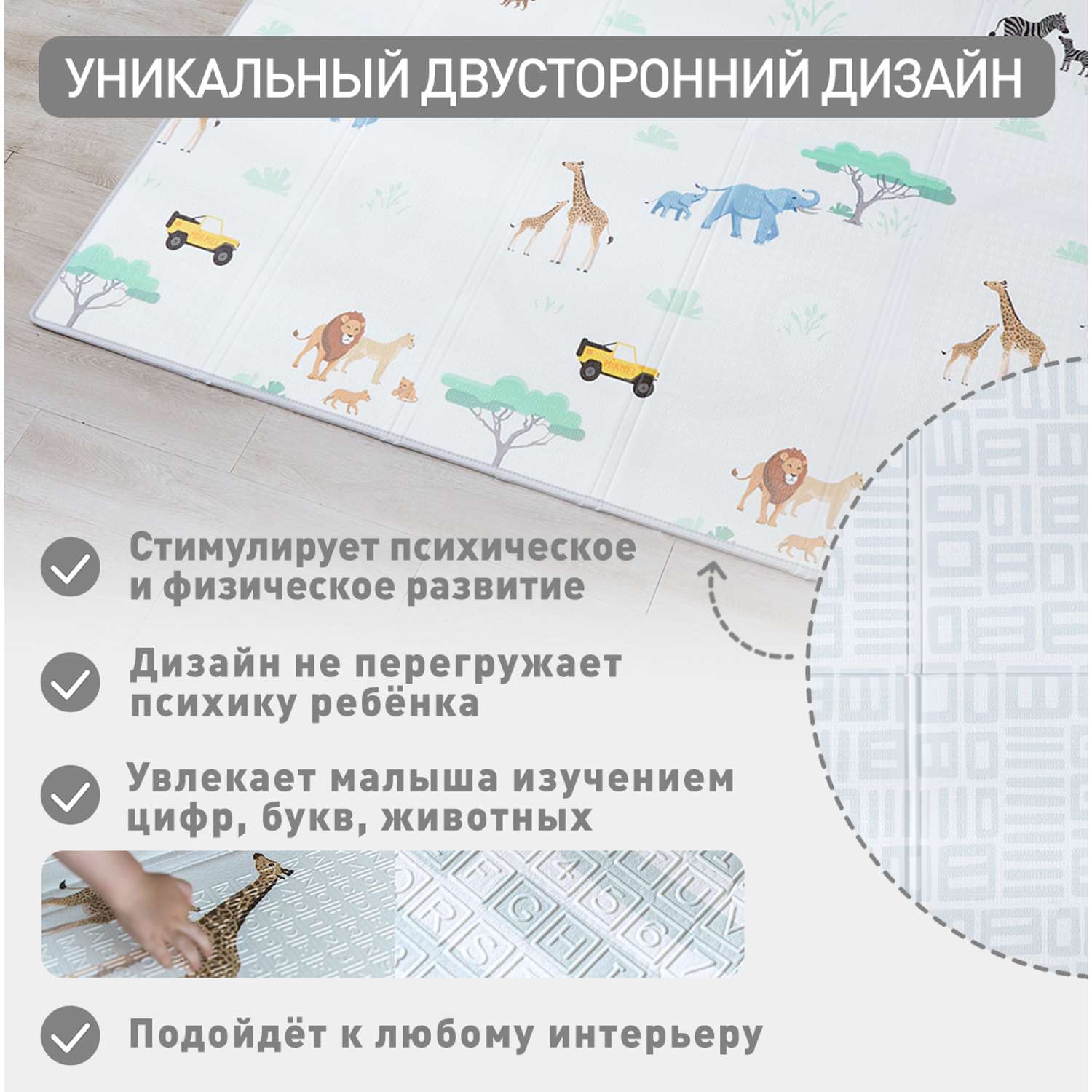 Детский коврик MIKMEL Premium складной игровой развивающий двусторонний для ползания 180х200 см Сафари Геометрия - фото 6