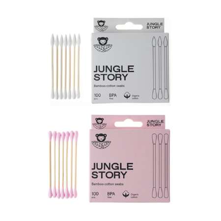 Бамбуковые ватные палочки Jungle Story 200 шт. розовые и белые с органическим ультрамягким хлопком