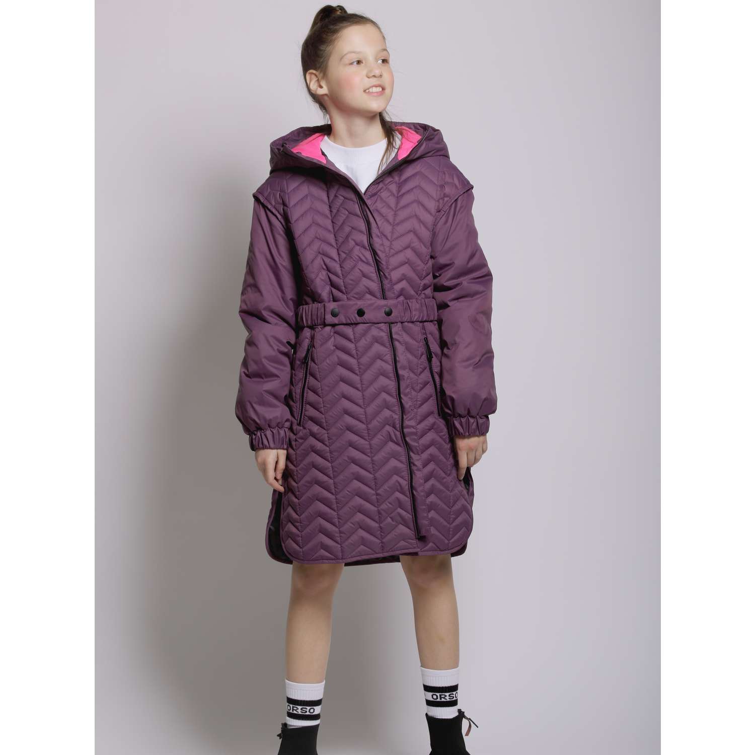 Пальто Orso Bianco OB41136-23_т.фиолетовый/ярк.розовый - фото 2