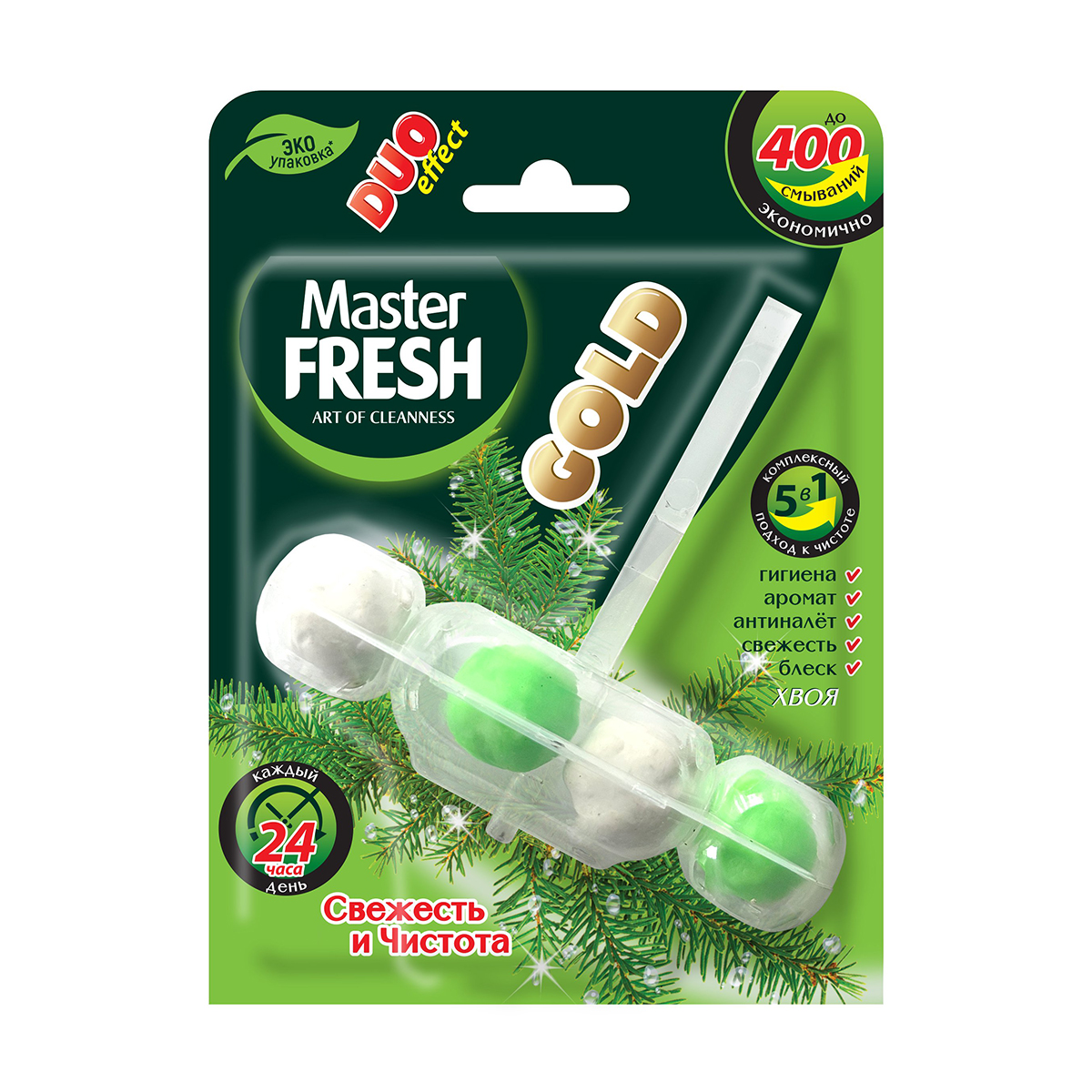 Подвесной блок для унитаза Master fresh Duo effect Gold 5 в 1 хвоя - фото 1