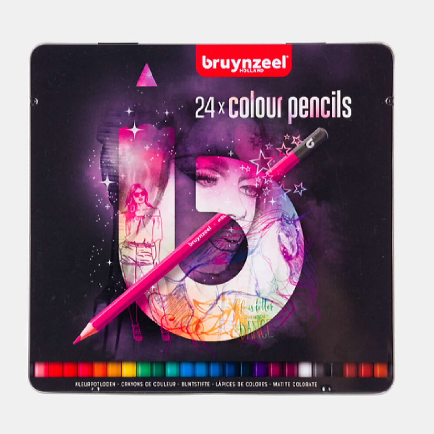 Набор цветных карандашей BRUYNZEEL Teen 24 цвета в розовом металлическом коробе-пенале - фото 1