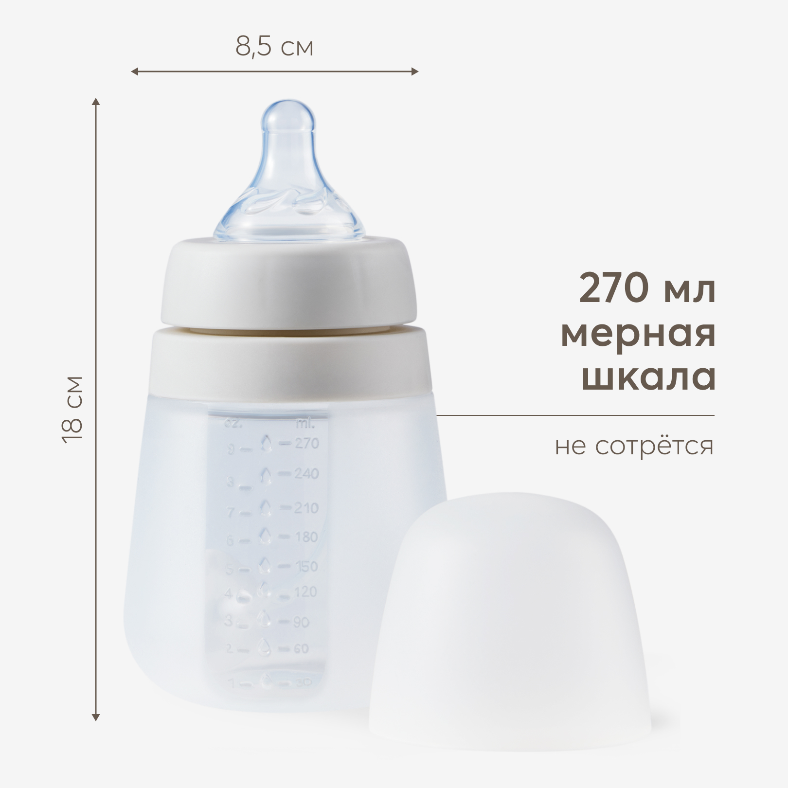 Бутылочка Happy Baby с крышкой и 2 сосками 270мл Light grey с 0месяцев - фото 6