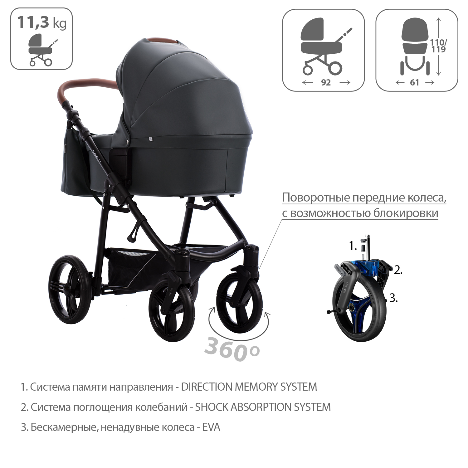 Коляска 2в1 Bebetto Kitelli PRO экокожа шасси Черное 03 - фото 4